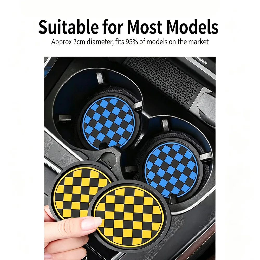 2Pcs Car Grade Pvc Material Anti-Slip Car Mounted Water Cup Pad, Simple Style Checkerboard Grid Water Cup Pad