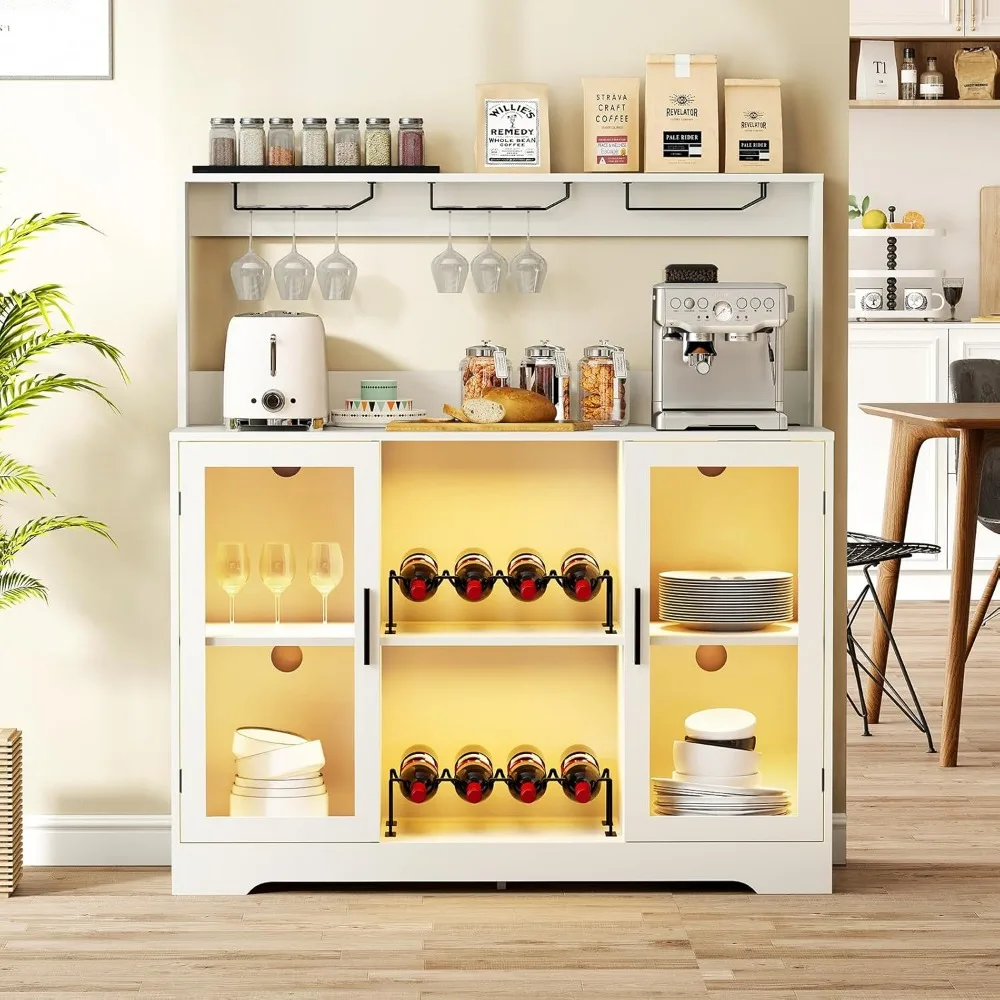 Wine Bar Cabinet for Home, Liquor Cabinet with LED Lights, Power Outlet, Storage, Glasses Holder for Living Room, Dining Room