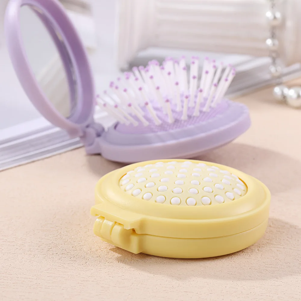 Solid Color Cute Folding Comb with Makeup Mirror Portable Traveling Pocket Air Cushion Comb 2-in-1 Folding Scalip Massage Comb