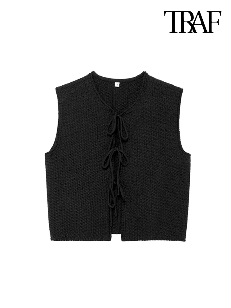 TRAF-Women\'s Knitted Vest with Tied, O Neck, Sleeveless Sweater, Female Waistcoat, Chic Tops, Fashion