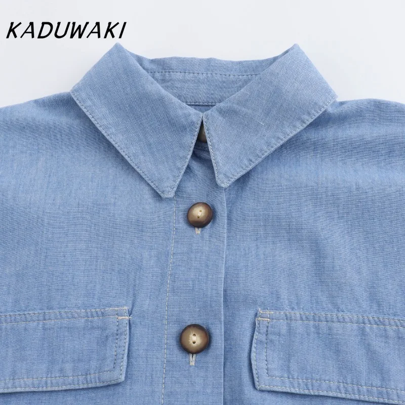 KADUWAKI Japanese Classic Round Neck Long Sleeve Bag Cover Decorated Short Shirt Fashion Loose Straight Pants with Belt Fall Set