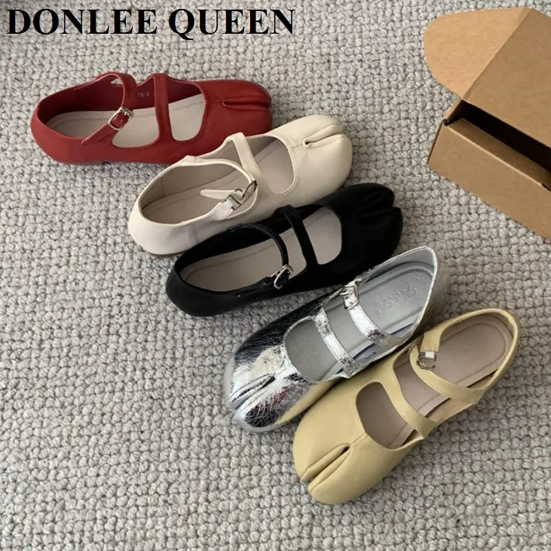 2023 Fashion Split Toe Flat Shoes Women Candy Color Shallow Mary Jane Shoes Square Toe Retro Ballerina Ankle Strap Sandals Mujer