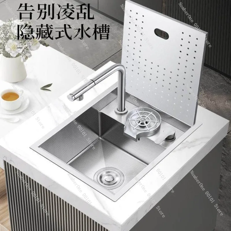 Hidden Stainless Steel Bar Sink with Cover Plate, Mini Single Bowl Kitchen Sink, 304 Steel Vegetable Washing Basin