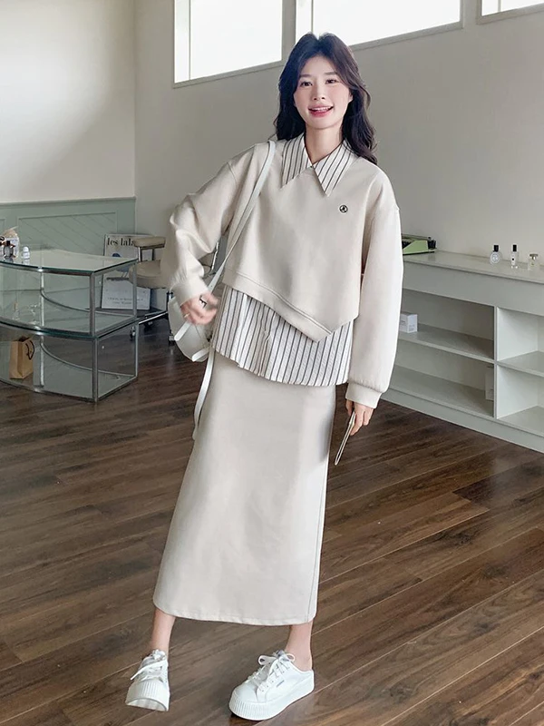 

Комплект из двух предметов: свитер и юбка больших размеров (300 Pou) для женщин, универсальный, весенний, с юбкой А-силуэта с высокой талией