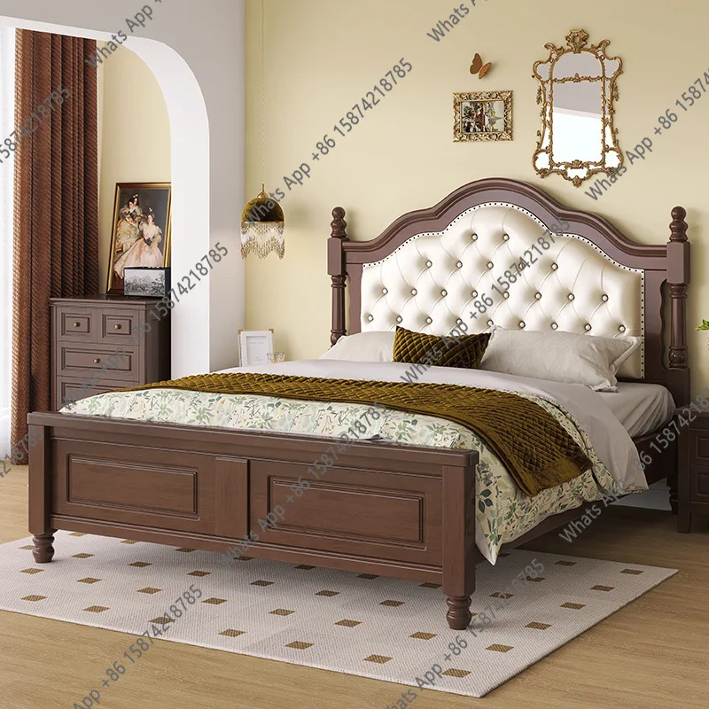 

Двуспальная кровать 1.8м в ретро-американском стиле из массива дерева с мягким изголовьем, современная, простая, в средневековом стиле, для спальни, свадебная, с местом для хранения