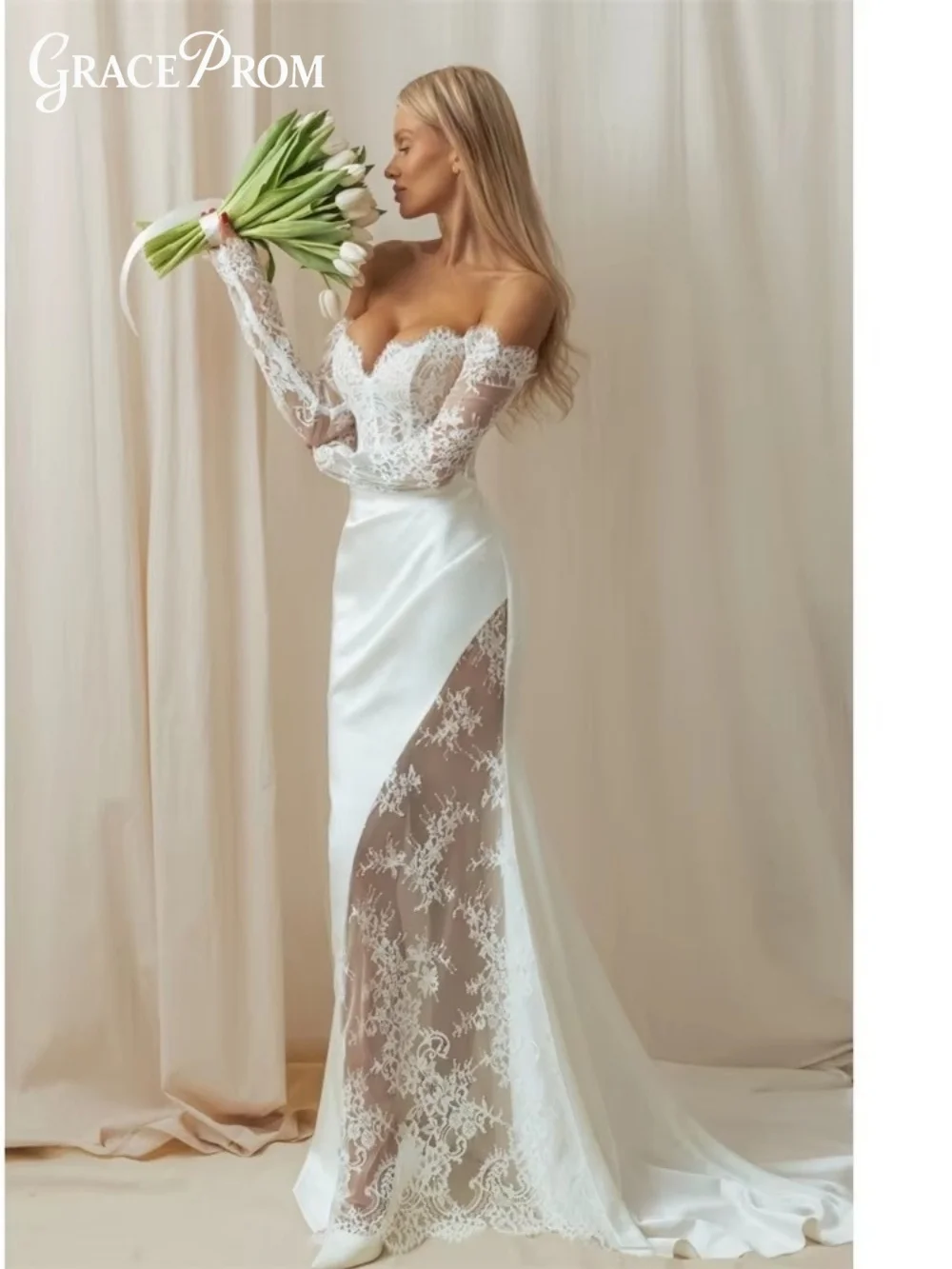 

Elegant High Slit Off Shoulder Satin Wedding Dress Romantic Long Sleeve Lace Bridal Gown For Bride Customized Vestido De Novia