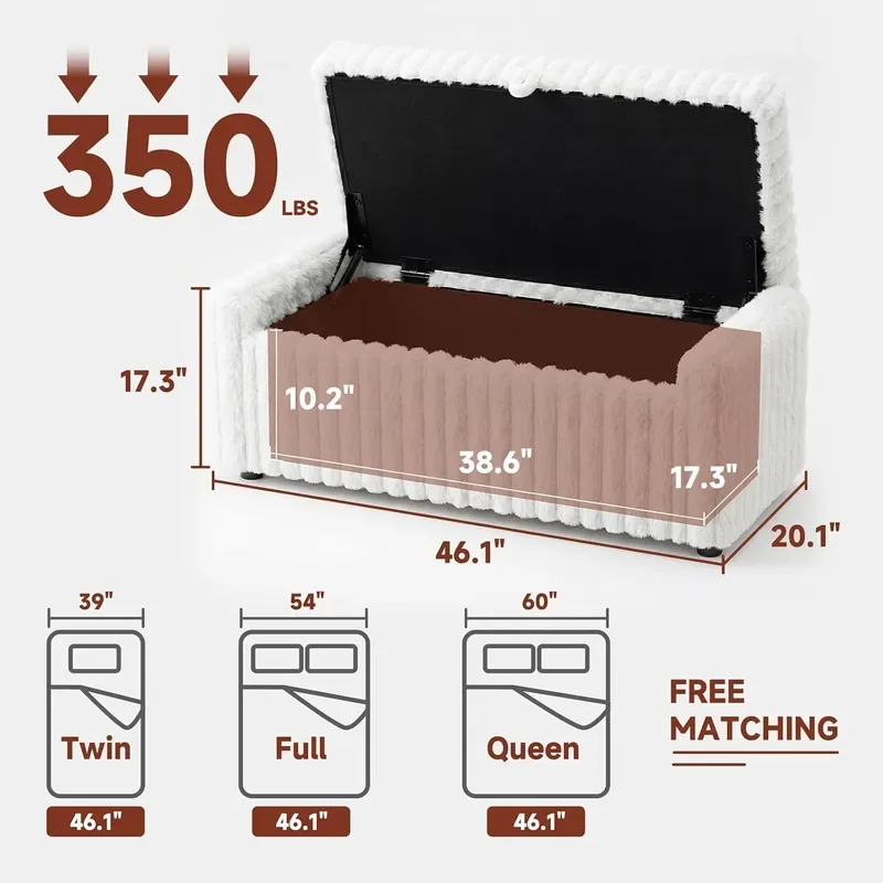 46 Storage Ottoman Bench 30 Gallon Long Faux Fur Storage with Handles Soft Close Hinged Lid for Blankets and Clothes Load 350