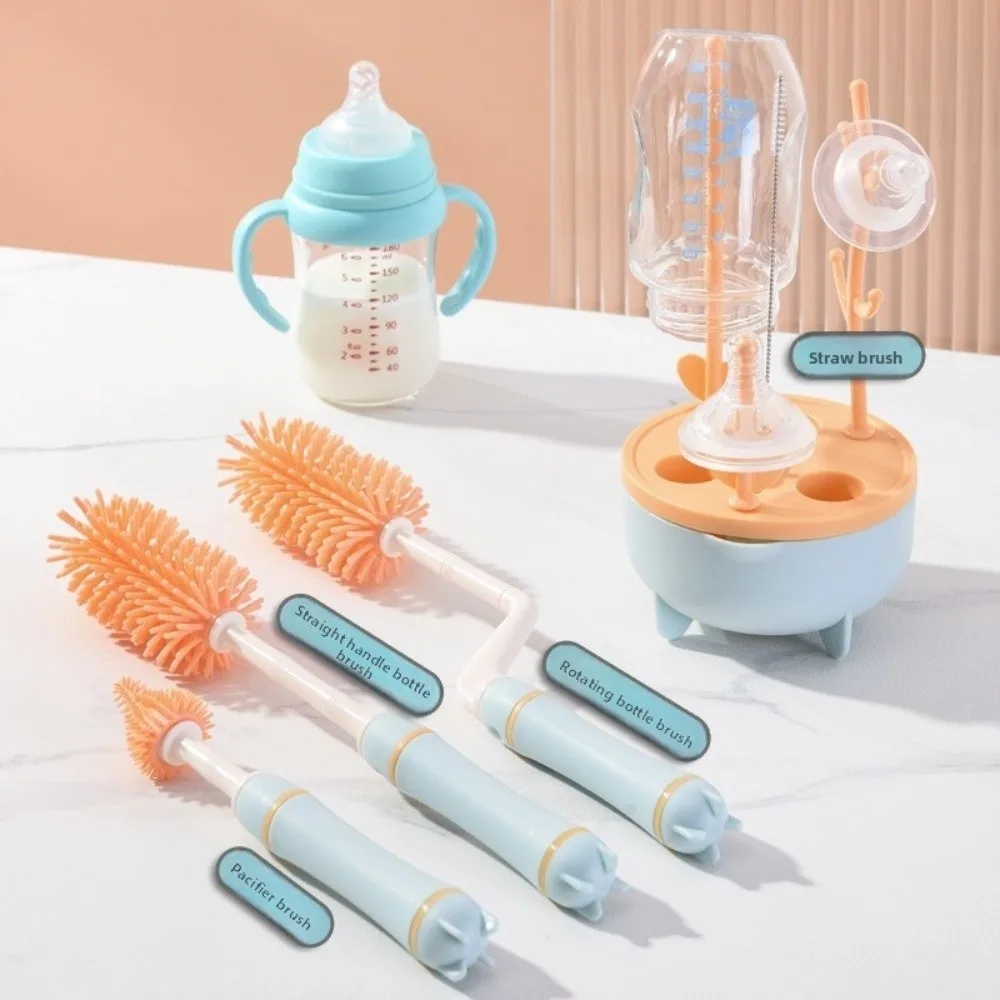 Soft Head Baby Bottle Cleaner Set 360 Degree Rotation Nipple Dropper Bottle Cleaning Brush Silicone Long Handle