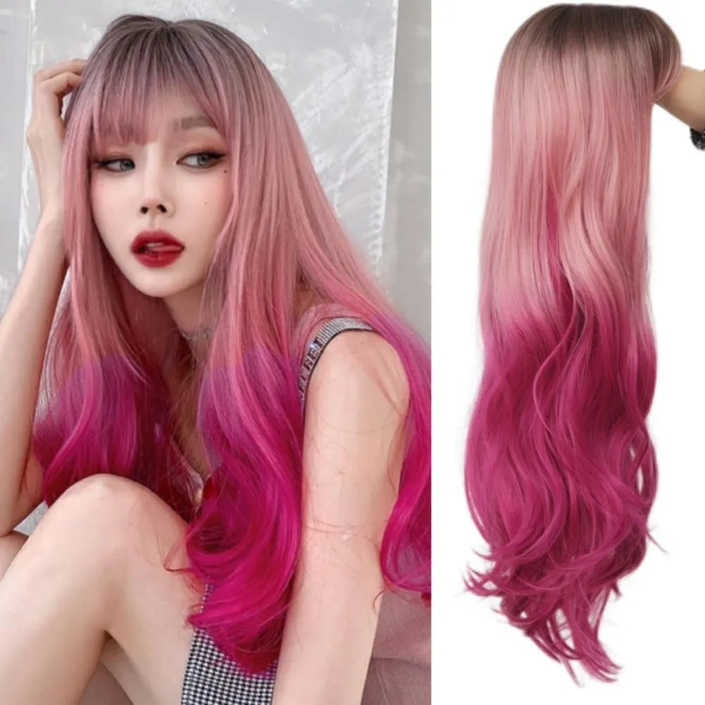 

Ombre Pink Long Wig with Bangs Dark Root Curly Wavy Wigs Synthetic Heat Resis