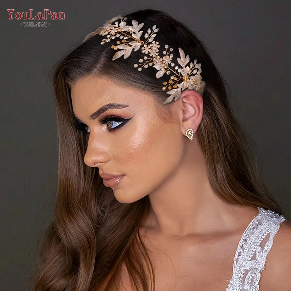 YouLaPan Wedding Headpiece for Bride Leaf Crystal Bridal Headband Wedding Hair Accessories Girl Headwear with Organza HP278