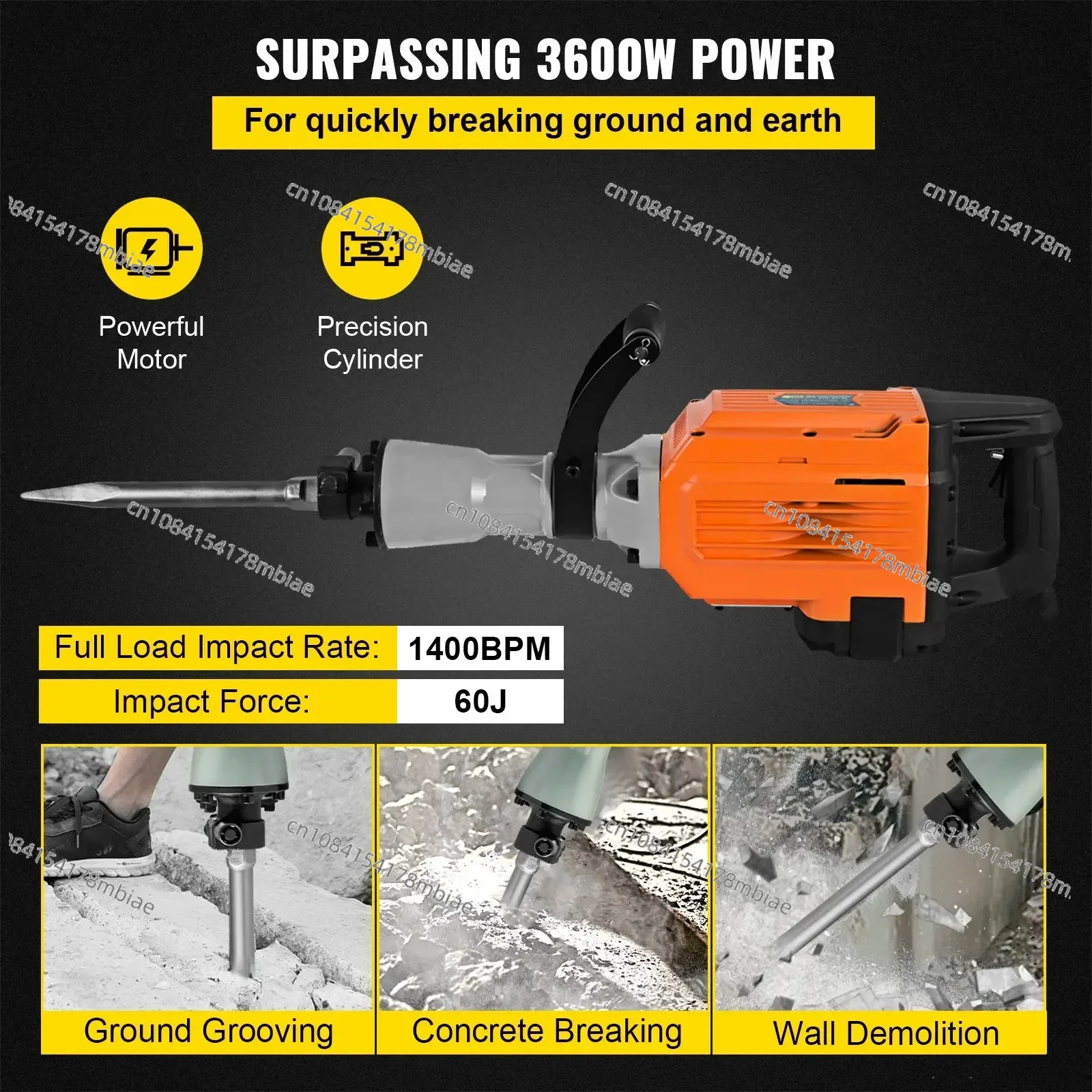 3600W Electric Demolition Hammer Heavy Duty Concrete Breaker 1400 BPM Jack Hammer Demolition Drills with Flat Chisel Bull Point