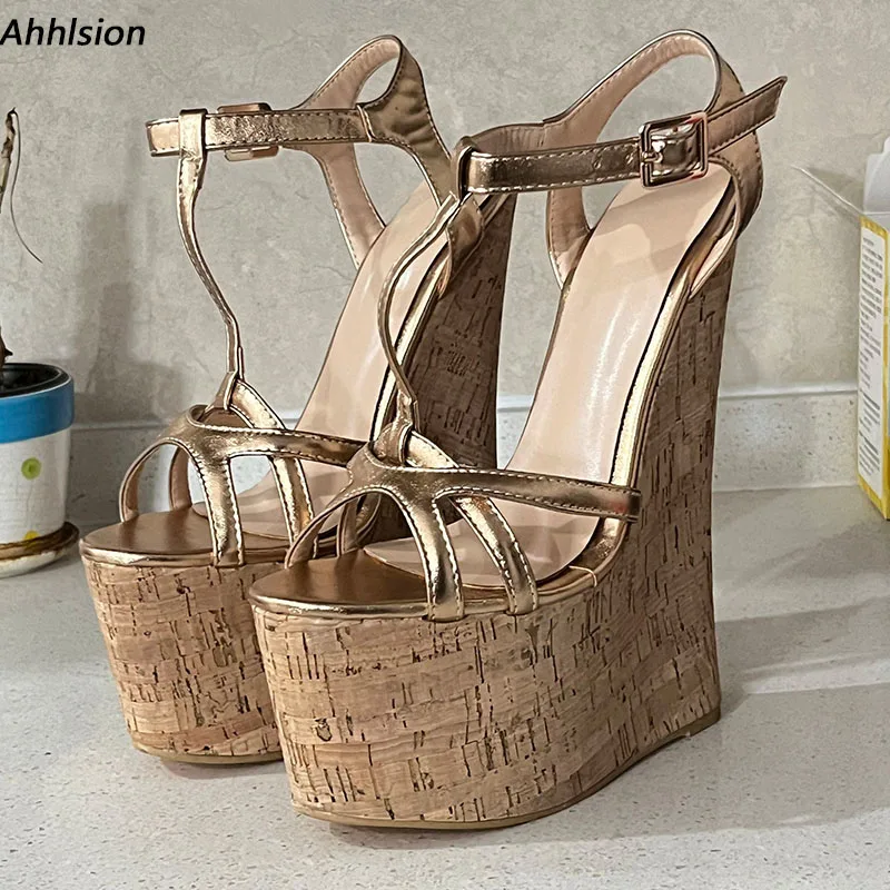 

Ahhlsion New Women T-strap Summer Sandals Cork Wedges High Heeled Open Toe Gorgeous Champagne Shoes Ladies US Plus Size 4-15