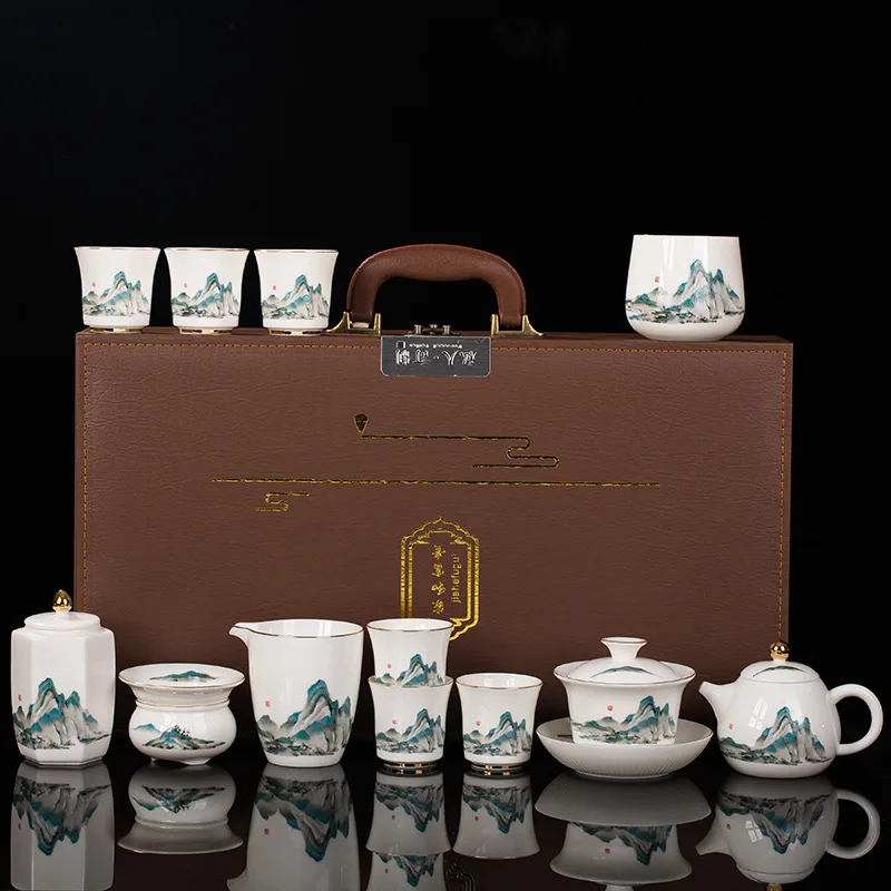 Luxury High-End Chinese Tea Set Sheep Fat Jade White Porcelain Kung Fu Tea Set Complete Gift Box for Home Use and Gifting Cerami