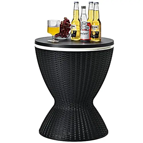 Cool Bar Table, 8 Gallon Rattan Patio Bar Cooler Table with Ice Bucket & Height Adjustable Tabletop, Beer & Wine