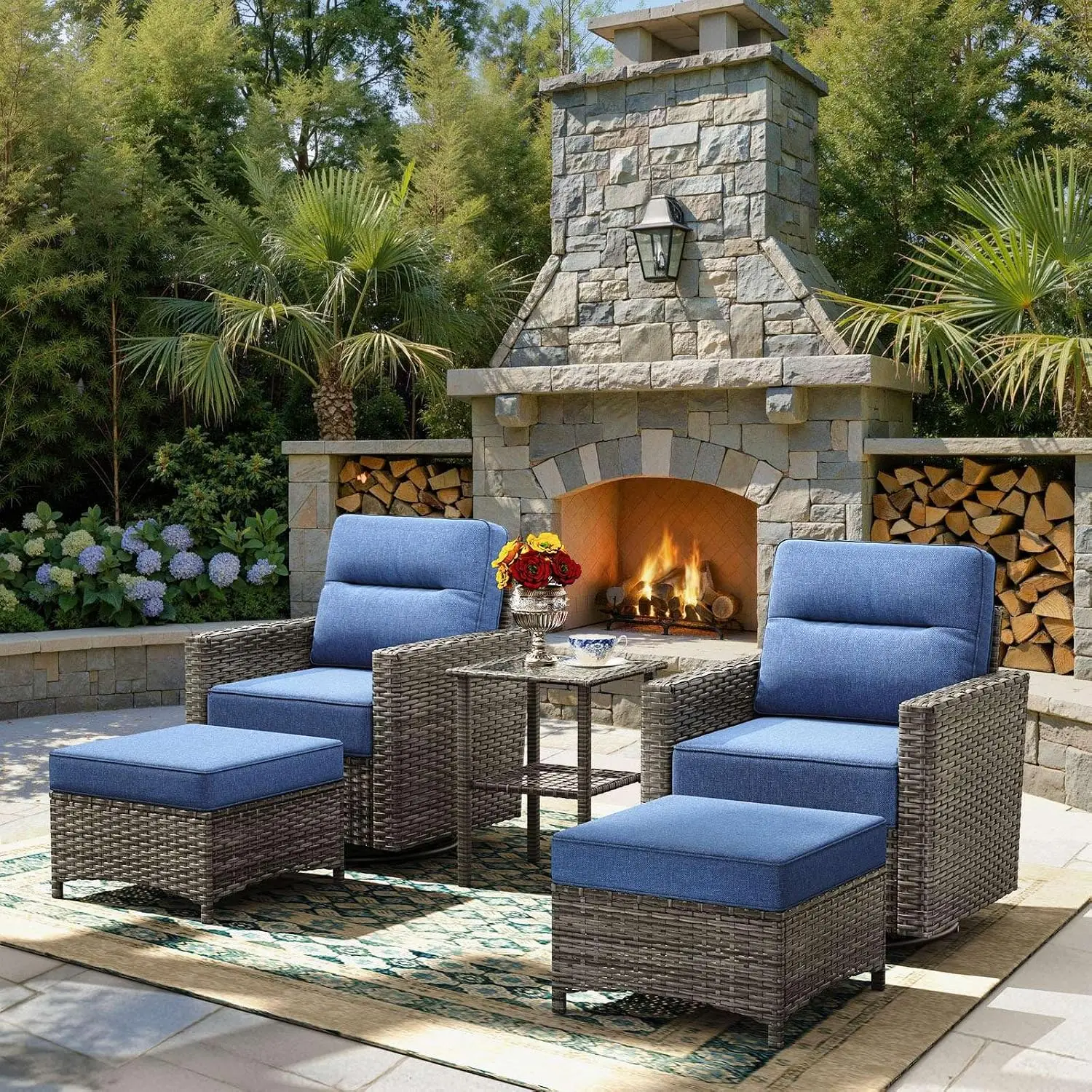 5-Piece Patio Furniture Set with 6-Inch Thick Cushions Outdoor Swivel Rocker Wicker Conversation Set for Porch Deck Balcony Yard