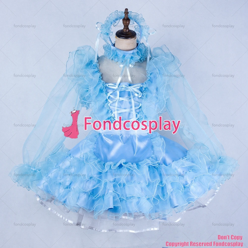 

fondcosplay adult sexy cross dressing sissy maid short blue satin dress lockable organza Uniform costume CD/TV[G2044]