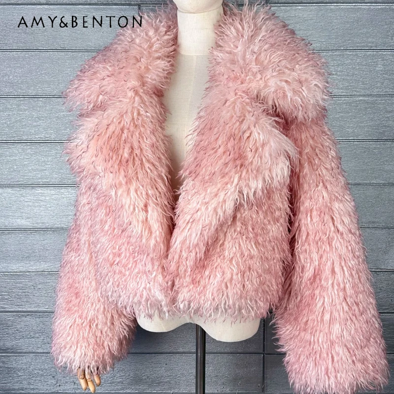 خريف 2025 تصميم عصري وردي مصبوغ بياقة مدببة من الفرو الصناعي سترة صوفية طويلة قصيرة معطف طية صدر السترة للنساء سترة فروي Y2k #2