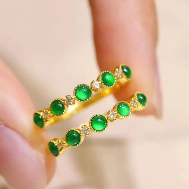 Natural Green Egg Faced Jade chalcedony Single Row rings for women Light Luxury and Simple Daily Exquisite silver Jewelry