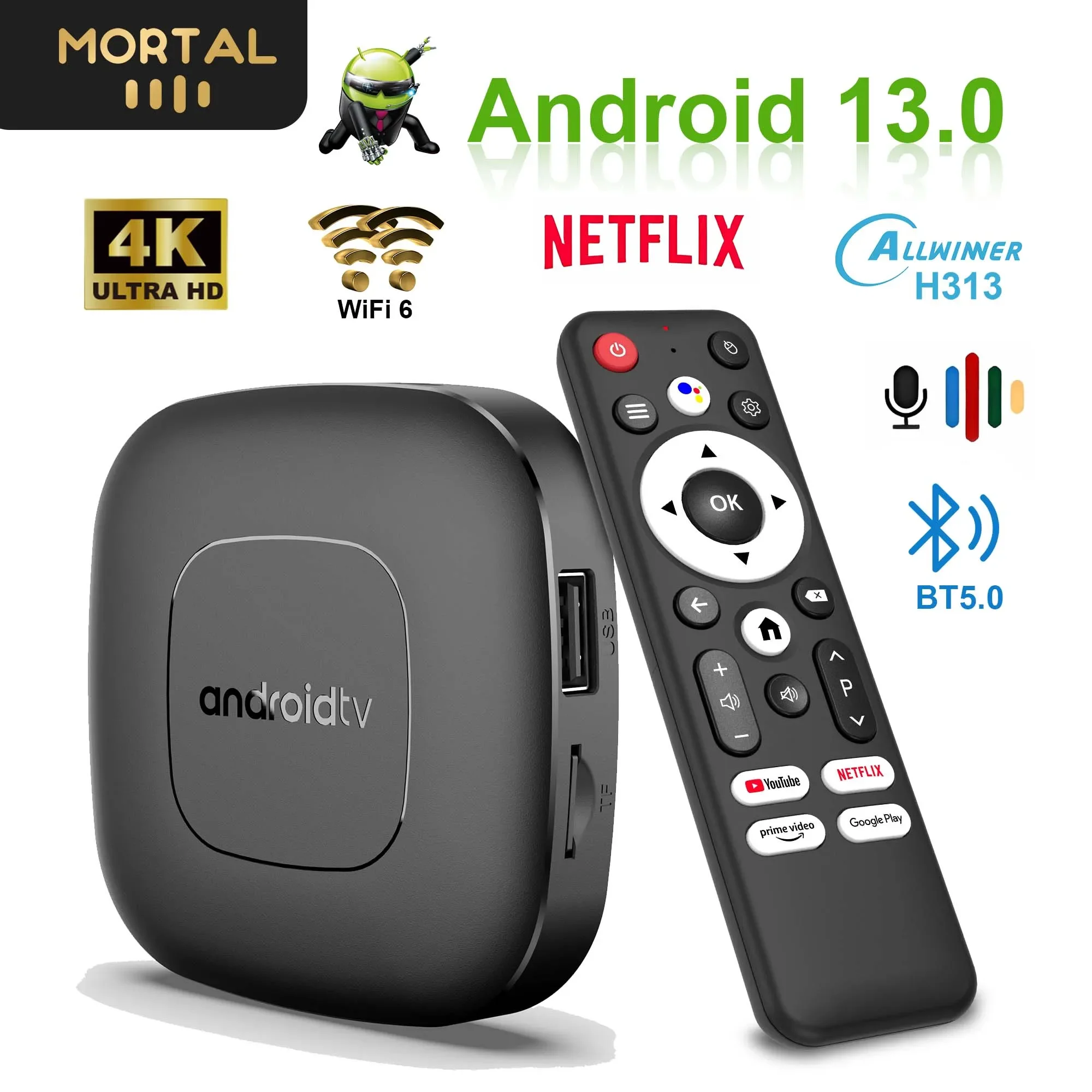 HOT Mortal T1 Android13 Smart TV Box AllwinnerH313 Support BT5.0 Dual WiFi Chromecast 4K Voice Control Televisor Multi-language