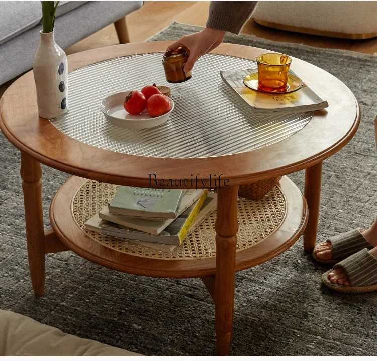 

ld36Solid wood coffee table small apartment log glass round table medieval cherry wood rattan