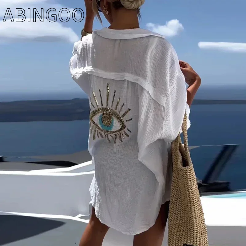 

ABINGOO Evil Eye Casual Sequin Beaded Shirt Women Fashion Beach Style Shirts Sun Protection Cotton Linen Lady Loose Plus Blouse