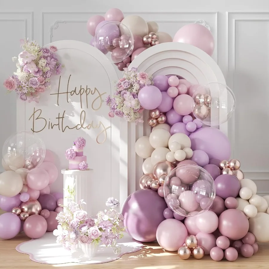 Kit arco per palloncini viola 132 pezzi con palloncini viola antico rosa chiaro oro rosa bianco e trasparente per un elegante compleanno baby shower