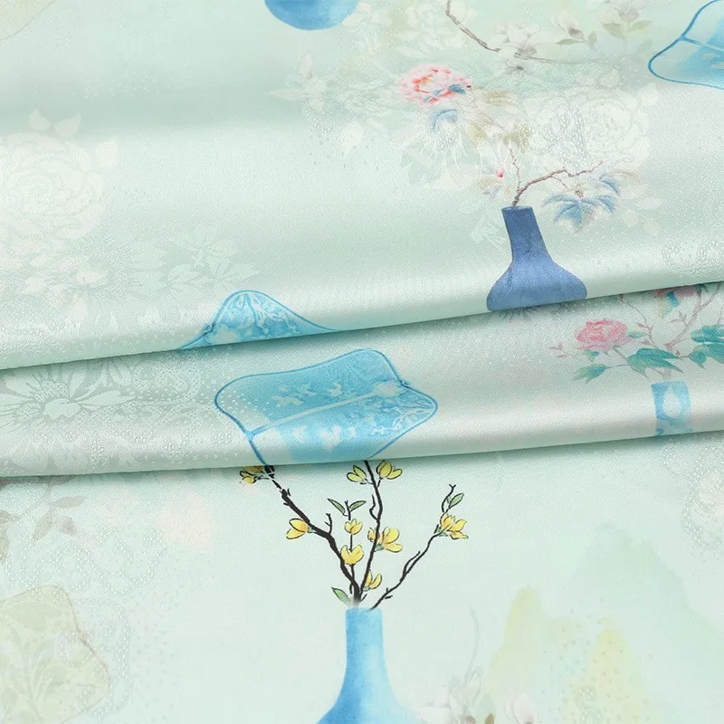 Xiangyunsha ผ้า jacquard cheongsam Hanfu ชุดเสื้อผ้าสไตล์จีนแจกันดอกไม้ภาพ