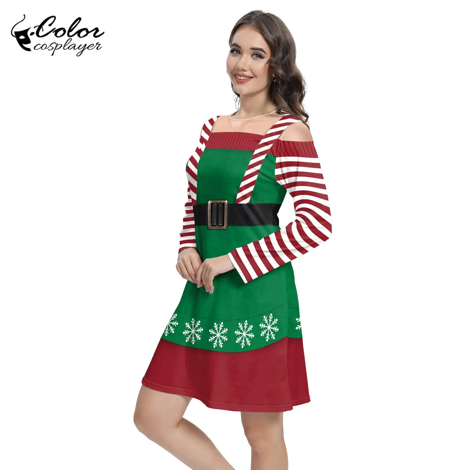 Color Cosplayer Elf Dress Christmas Dress Long Sleeved Gown Santa Claus Cosplay Costume Halloween Dress Up Party Carnival Robe