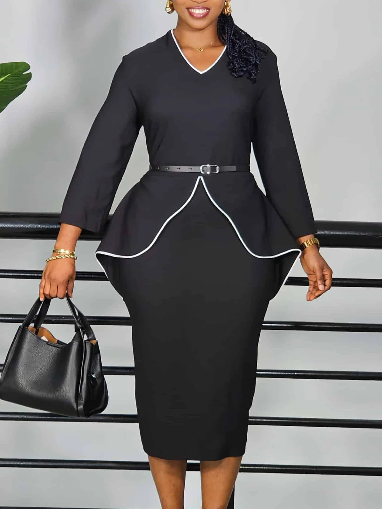 

Women's Professional Ruffled Long-Sleeved Dress Winter New Style Elegant Stylish Pencil Solid Color Dress