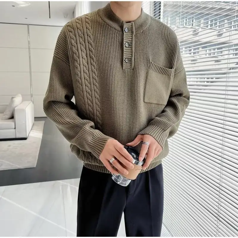 Autumn Winter New Solid Color Round Neck Long Sleeve Sweater Man High Street Casual Jacquard Weave Pullovers Vintage Pocket Tops