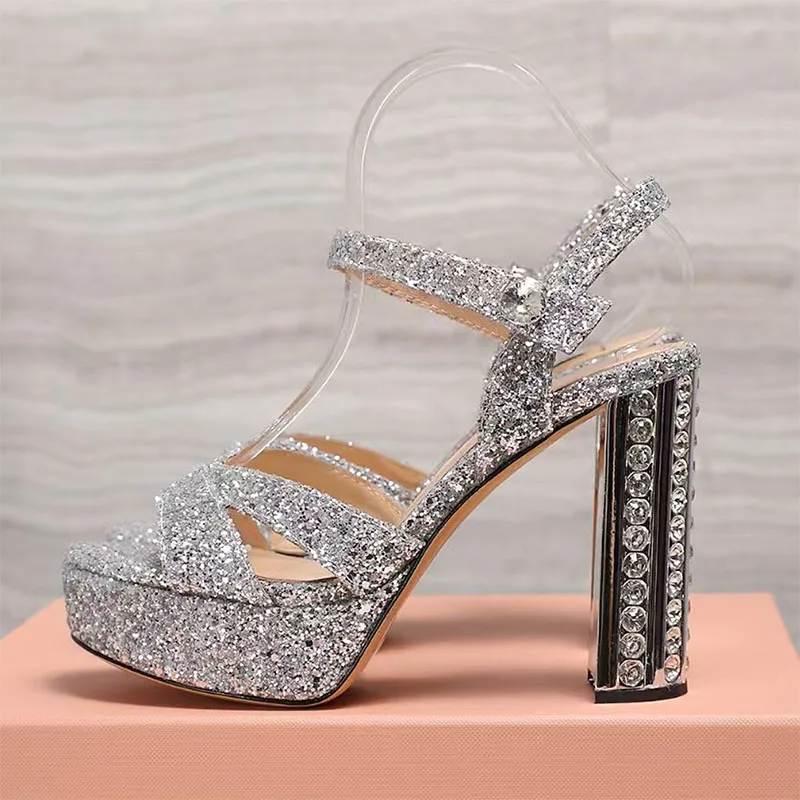 Sommer Super High Heels Sandalen Frauen Strass Verzierte Party Kleid Schuhe Frauen Kristall Quadratische Fersen Plattform Sandalen Frau
