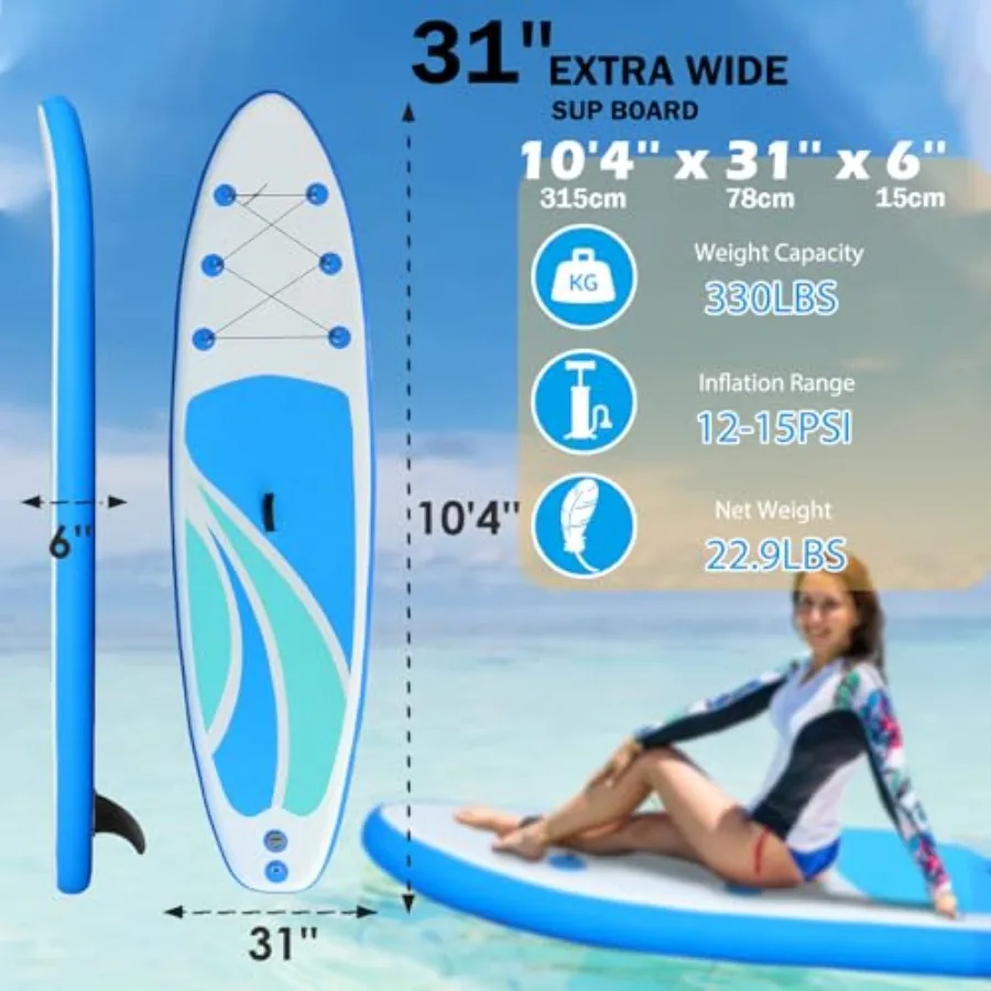 Inflatable Stand Up Paddle Board for adult use, PVC material, blue, ultra-light 10'4 with non-slip deck, fins, paddle, pump, ba