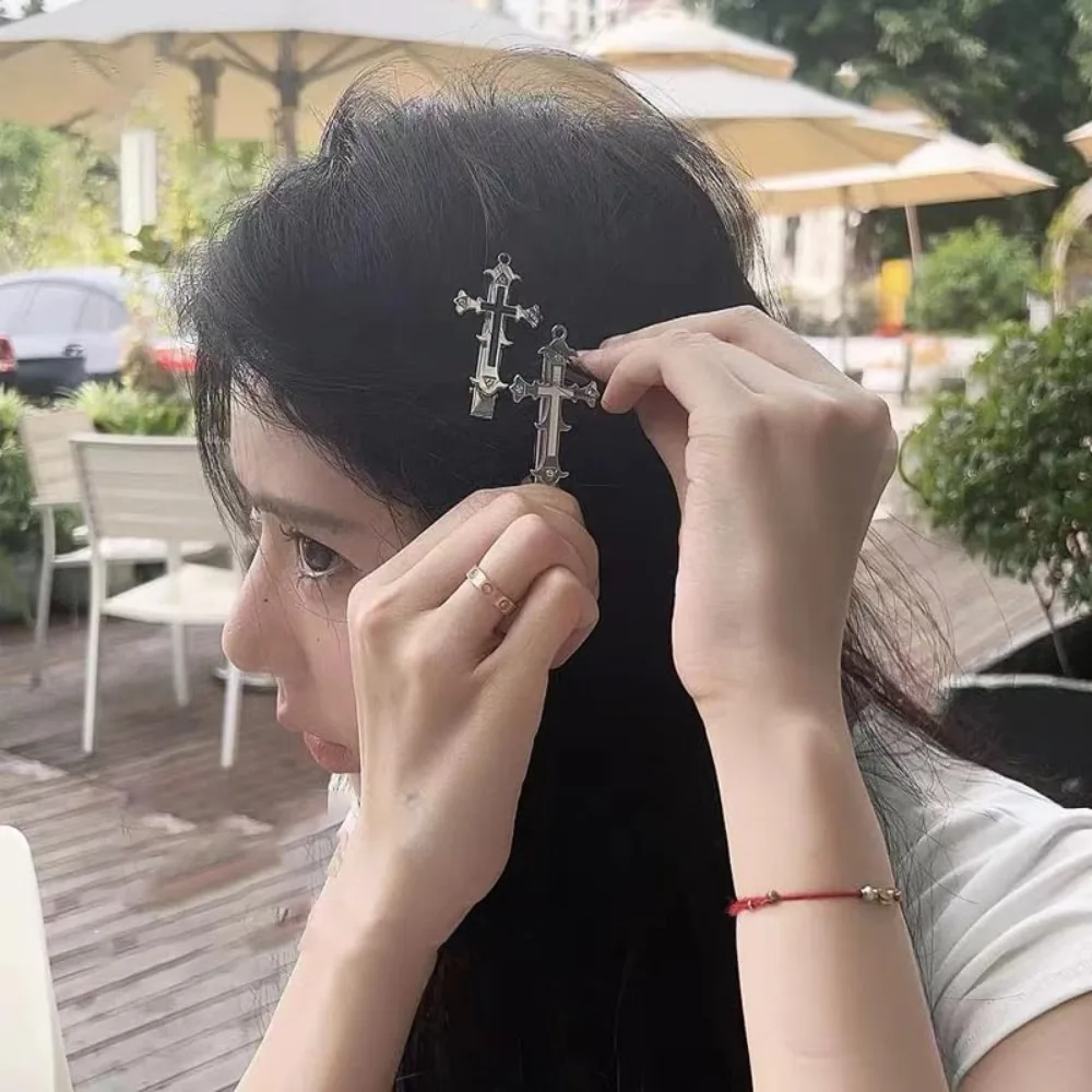 크로스 헤어 클립 할로윈 고스 헤어 액세서리 여성 소녀용 메탈 Y2K 고딕 크로스 바렛 헤어핀 앨리게이터 클립 세트