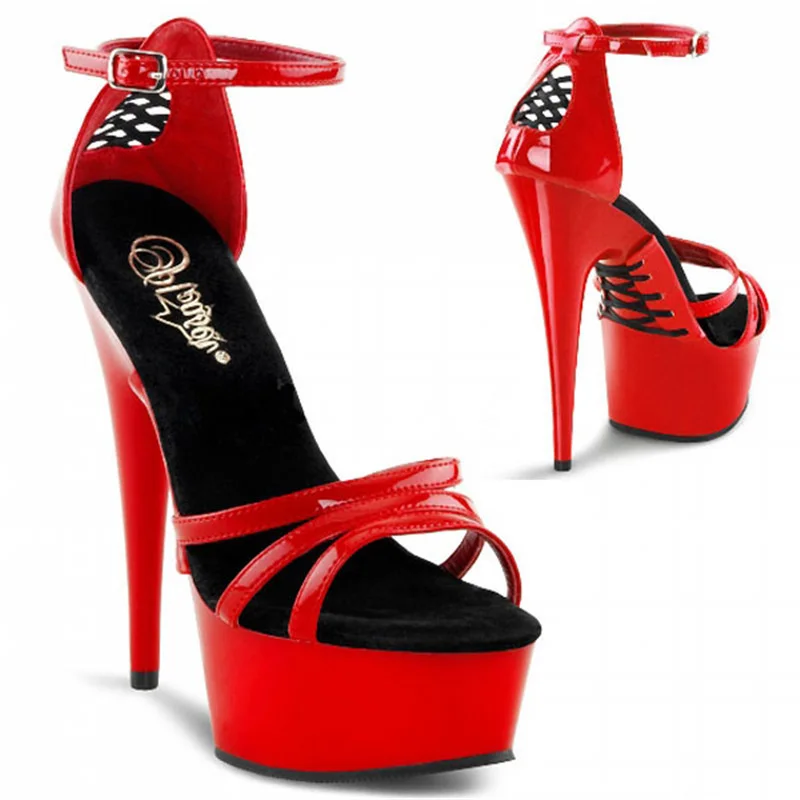 

15cm New Women Platform Sandals Hollow Out Sexy Thin High Heels Peep Toe Red Party Shoes Ladies Plus Size 34-46