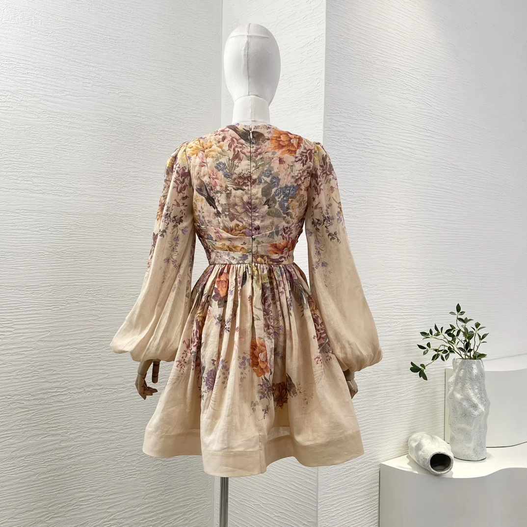 Linen New Collection 2025 Spring Peach Color Flowers Print Long Sleeve  Ruched Mini Dress for Women