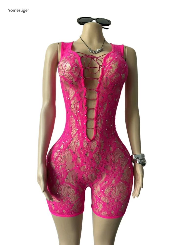 

Yomesuger Вязаный комбинезон с камнями и стразами, пляжный, женский, сексуальный, бандажный, с вырезами, облегающий, для отпуска, вечеринок, клубов