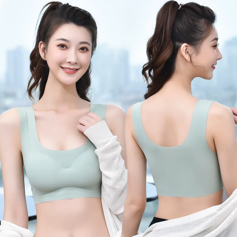 Sports Bra Women's Seamless Gathered Wrap Chest Beautiful Back Ice Silk No Steel Ring Yoga Vest Short Style Pure Color