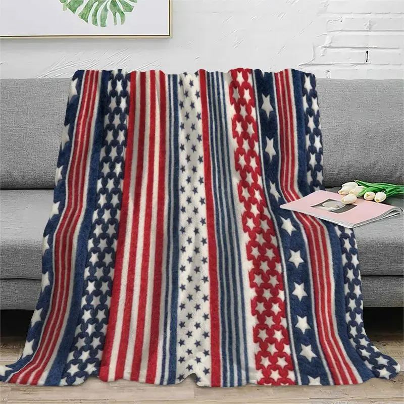 Patriotic American Flag Style Throw Blanket Red White Blue Stars Stripes Cozy Chunky Knit Sofa Bed Decor 150x200cm