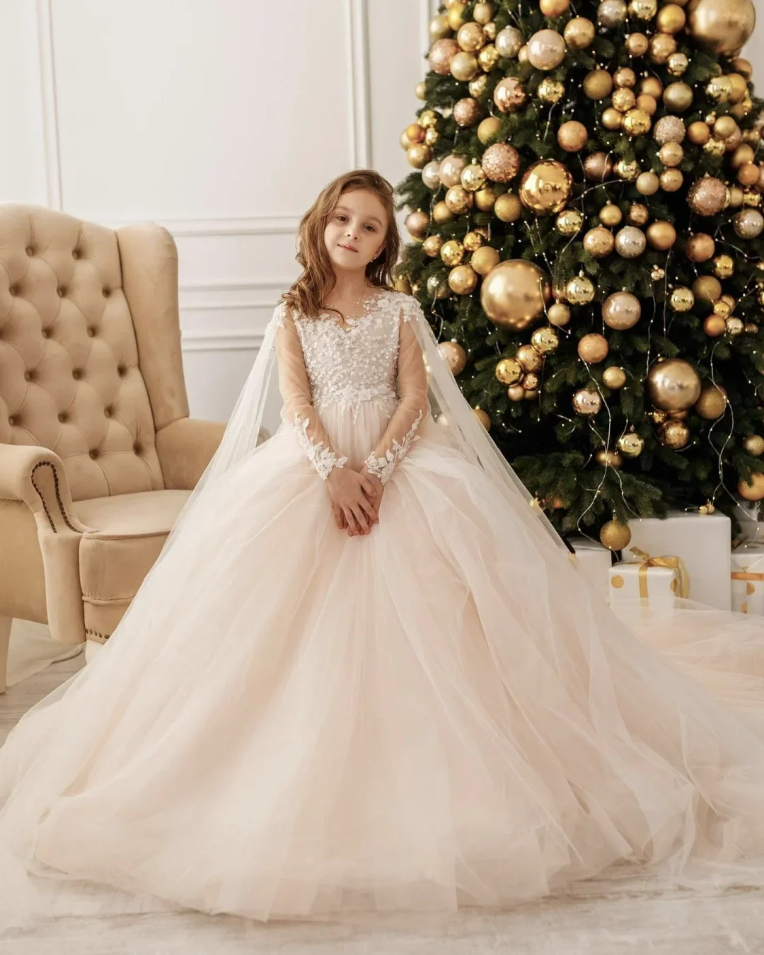 Elegante vestido de tul esponjoso con apliques de lentejuelas, manga completa, vestido de niña de flores para boda, vestido de fiesta de cumpleaños de primera comunión para niños