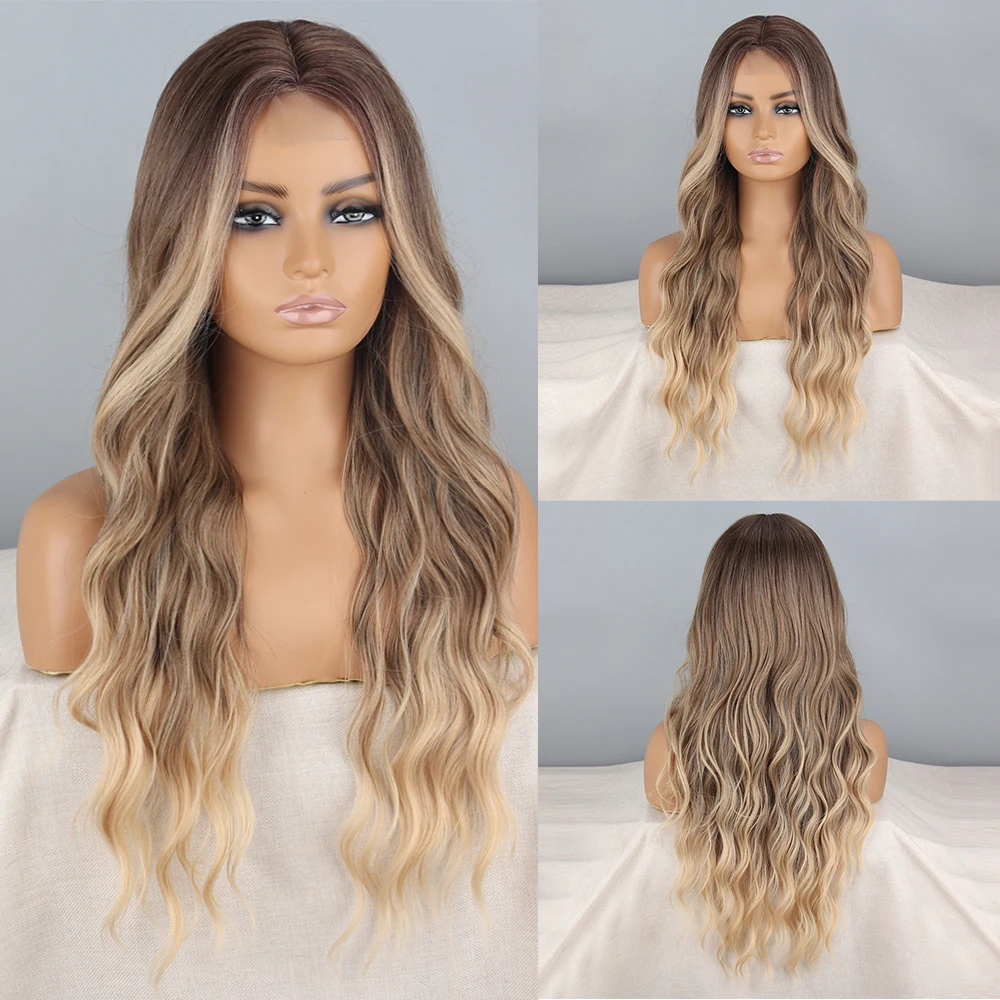 Long Wavy Synthetic Wig Ombre Golden Wigs for Women Middle Part Wig With Natural Heat Resistant Hair for Party Daily Use