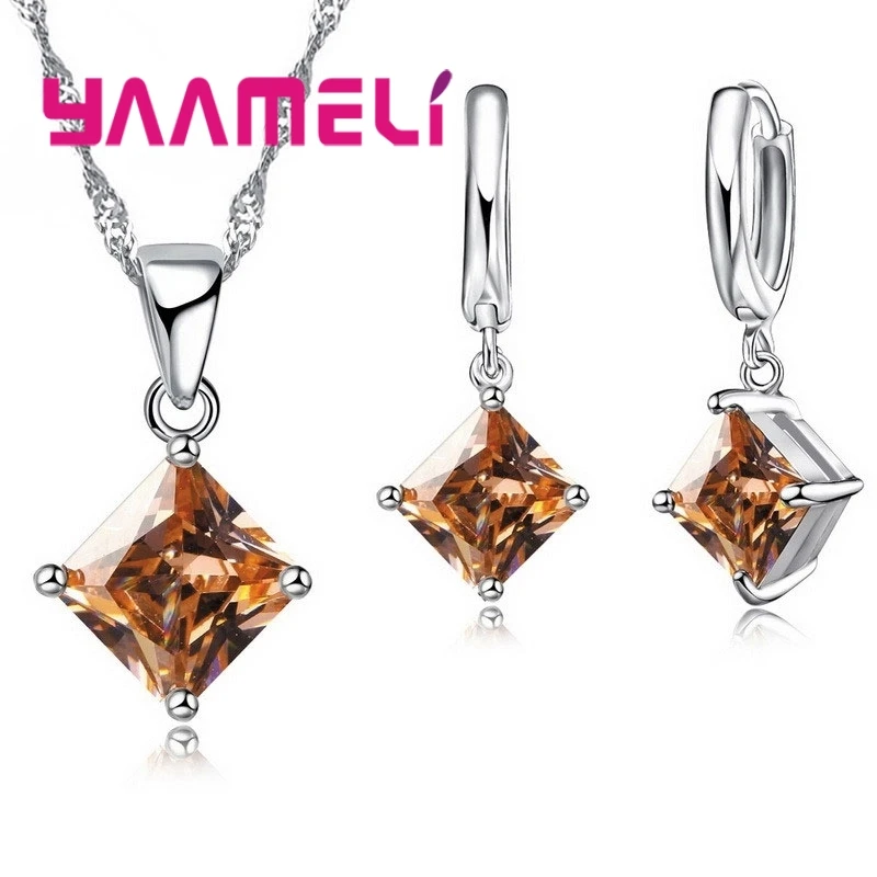 New Arrival 925 Sterling Silver Women Accessories Earrings Jewelry Set With Square Shinny CZ Necklace