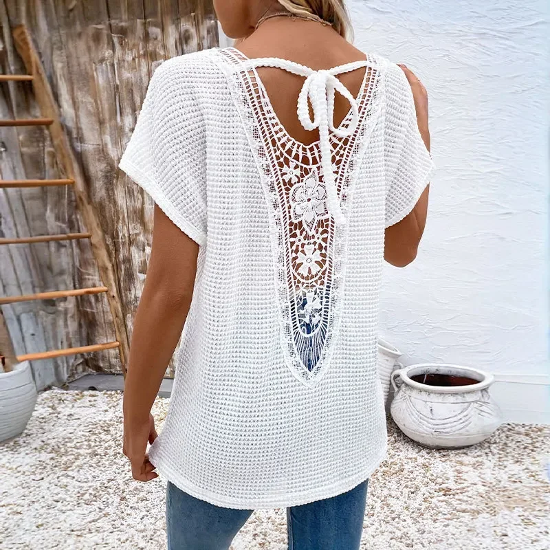 2026 Summer Comfortable Leisure V-neck Short Sleeve White T-shirt Female Sexy Back Hollow Out Tops Tees Loose Casual Female Tees