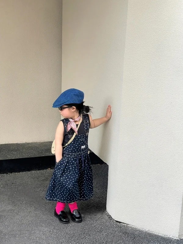 

Summer Polka Dot Denim Overalls for Girls Fashionable Japanese Style Two-Piece Set Cotton Material round Dot Pattern