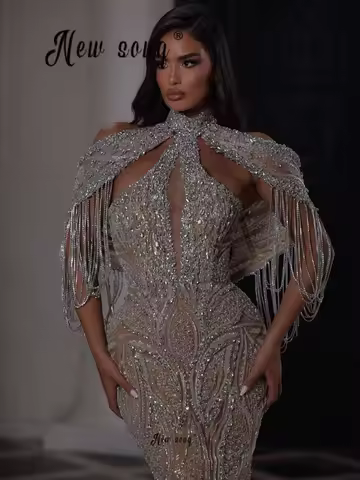 Red Carpet Dress Shiny Tassels Off Shoulder Long Evening Dresses Mermaid Wedding Guest Gowns Customized Dubai Arabic Night Dress