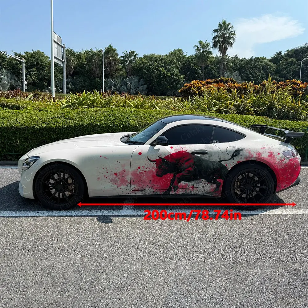 2pcs Splatter Red & Black Bull Car Side Wraps, Self-Adhesive PVC Waterproof & Scratch-Resistant Stickers, Car Accessory Gift