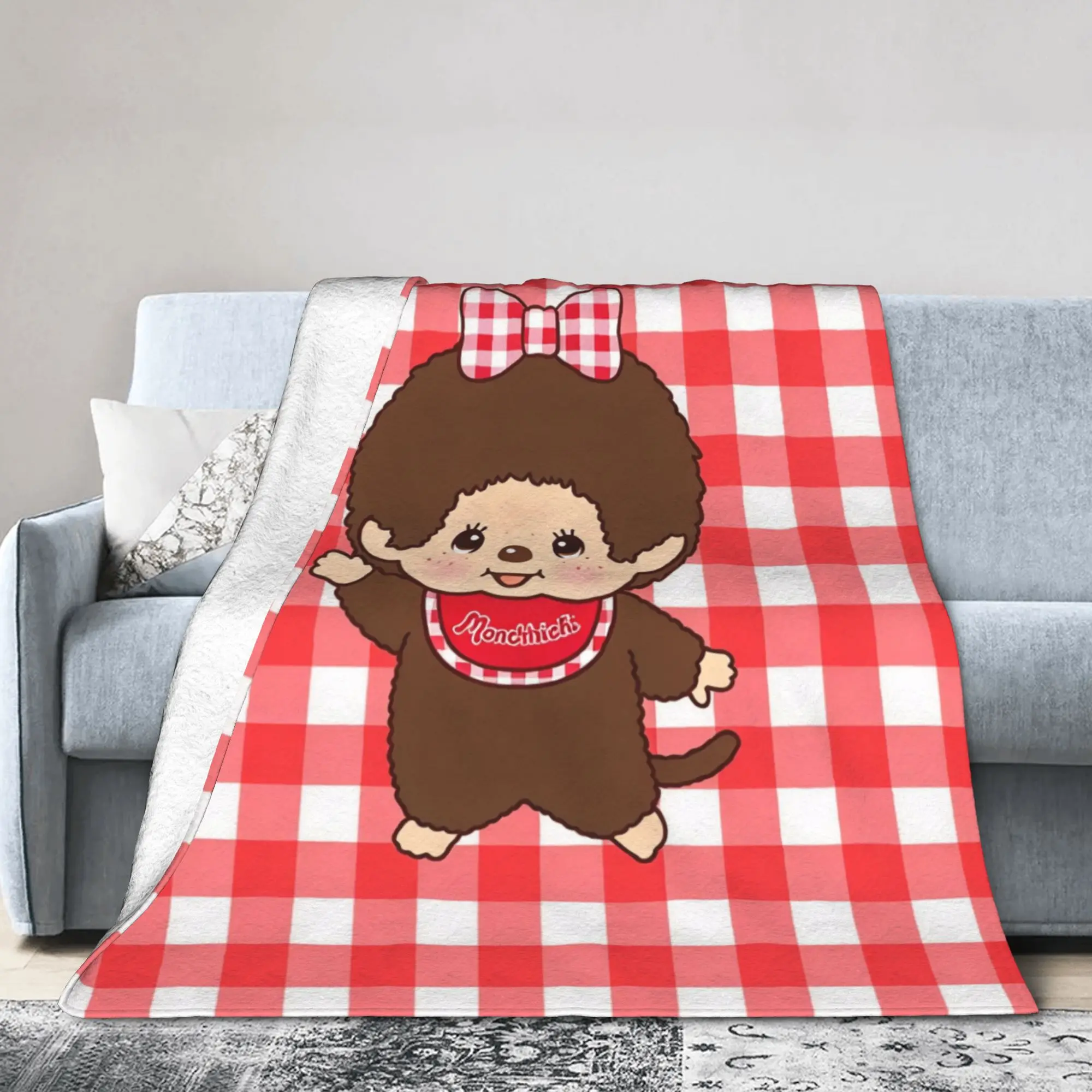 Custom Sofa Fleece M-Monchhichis Throw Blanket Warm Flannel Kawaii Monkey Blankets for Bed Office Couch Quilt