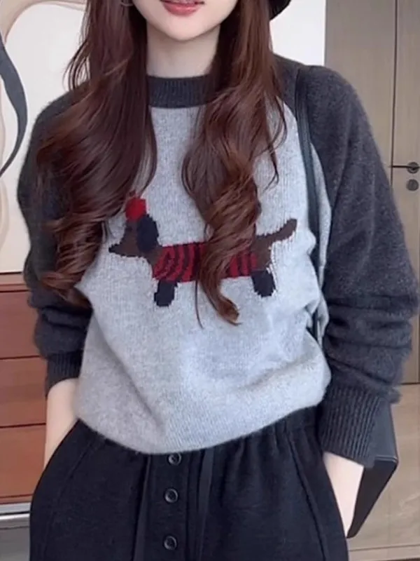 

Korean Sle Long Sve Knitted Sweater Loose Fit Women's Autumn Winter plus Size Cute Dog Pattern Casual Comfortable Top