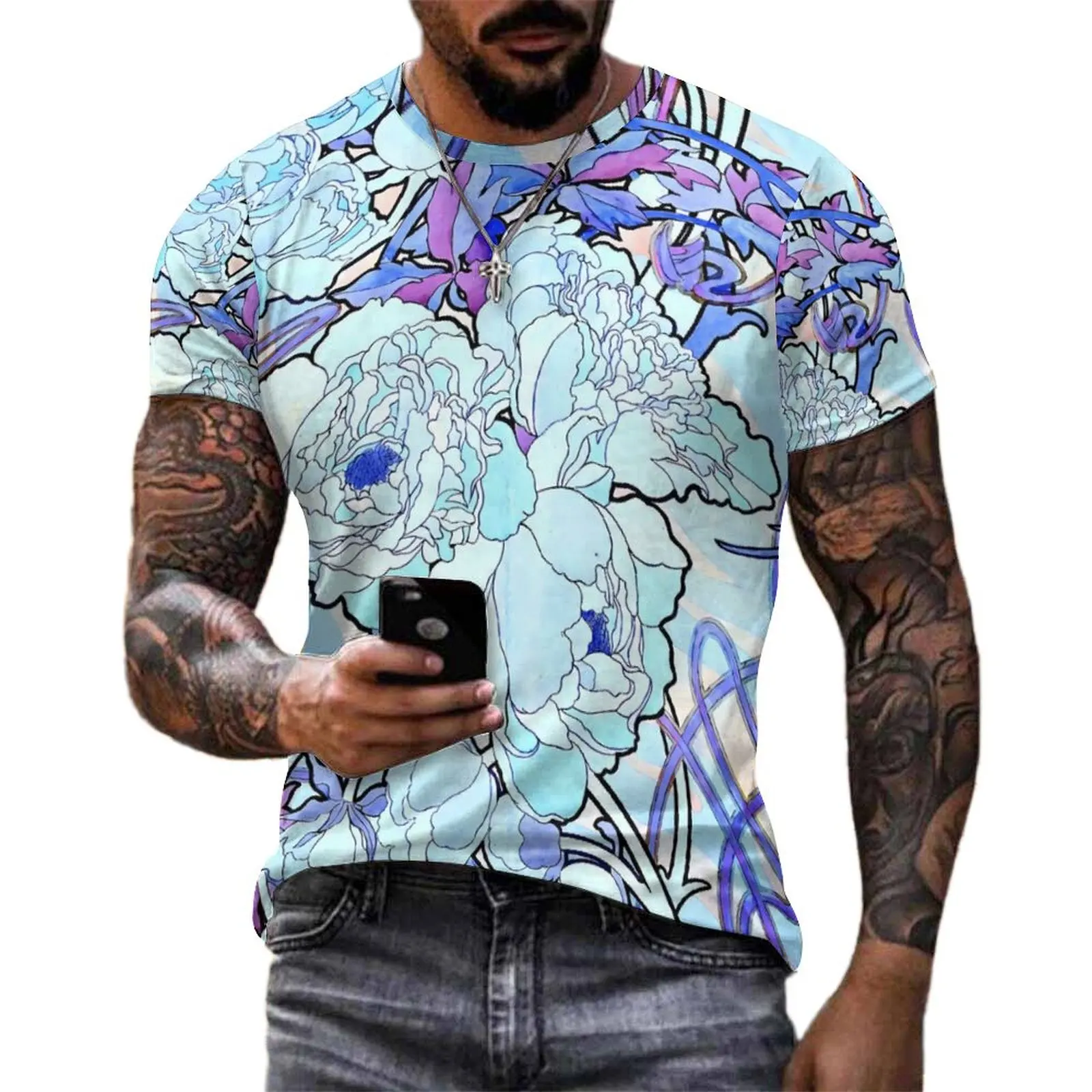 Art Nouveau T-Shirt Peony Flowers Harajuku T Shirts Men Funny Tshirt Beach Short Sleeves Custom Tees Big Size