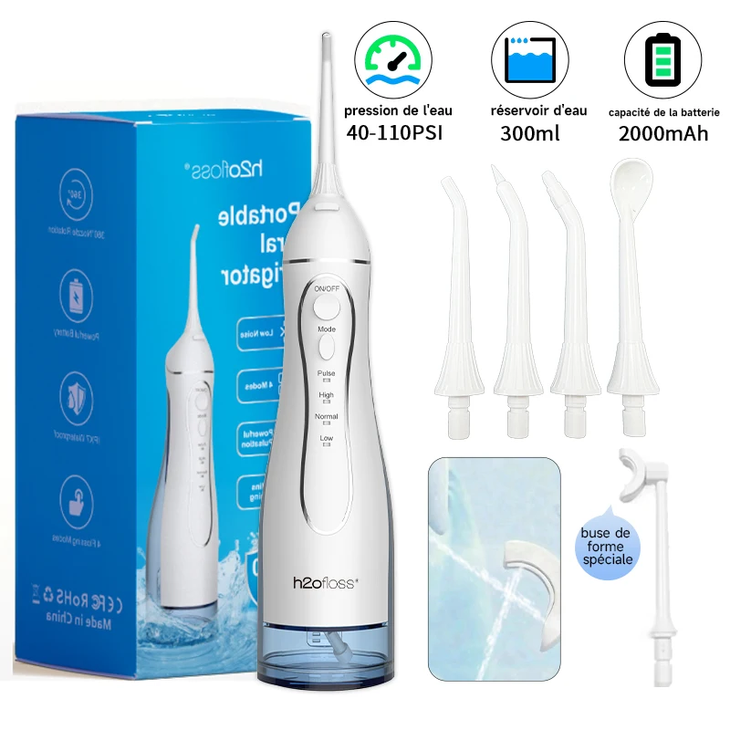 H2ofloss Hydropulseur Irrigateur Buccal 300ml 140PSI avec Système à Bille de Gravité 5 Modes 5 Buses Rechargeable USB pour Nettoyage Dentaire et Détartrage