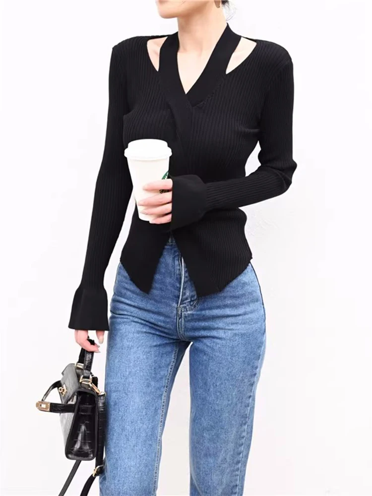 Women\'s Blouse Chic Hollow out Sexy knitted Pullovers for Autumn Female Korean Clothing Solid Full Sleeve Bottoming Shirt C-080